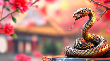 gold and red wooden serpent sculpture, chinese lunar new year celebration, snake symbol, festive bac