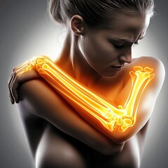   A woman cradles a glowing dog's paw-shaped bone in her arm