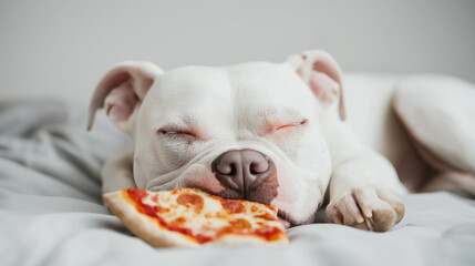 Wall Mural - cute dog sleeping eating a piece of pizza