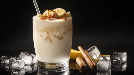 Wall Mural - A refreshing banana smoothie with cinnamon and ice in a glass on a black background.