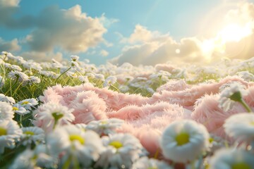 Wall Mural - Serene Meadow at Sunrise with Soft Pink Blanket Among Daisies