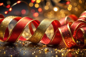 Wall Mural - sparkling red and gold ribbon with festive bokeh background