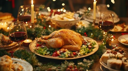 A roasted chicken sits on a festive table setting for Christmas dinner, surrounded by plates of food, glasses of wine, and candles.