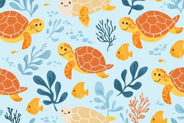 Cheerful turtles swimming among seaweed, on a pale blue background, perfect for a marine animal seamless pattern