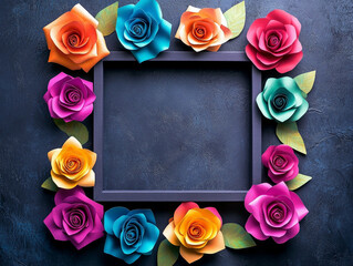 A square frame with colorful roses around it, on solid background. Paper art style. 