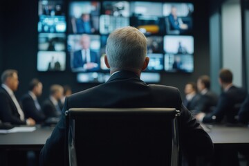 A businessman in a suit attending a virtual meeting, with multiple screens showing participants, representing modern digital communication.