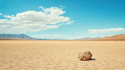 A vast desert expanse with only one rock in the foreground, with the simplicity of the composition highlighting the quiet beauty of the landscape