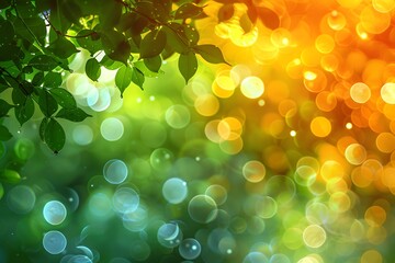 Canvas Print - Vibrant Bokeh Background with Green Leaves and Colorful Light Effects