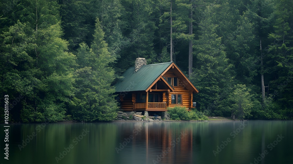 99. A serene lakeside cabin surrounded by trees Stock Photo | Adobe Stock