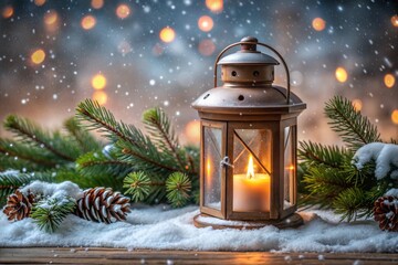 Canvas Print - lantern with candle and evergreens in snow with bokeh lights