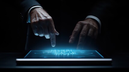 Close-up of hands interacting with a futuristic touch screen interface displaying data.