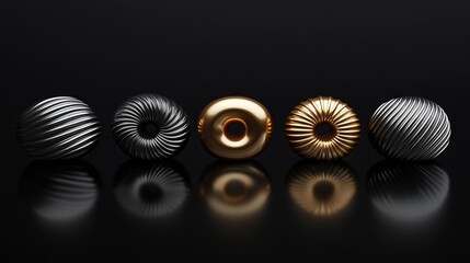 row of various doughnuts on black background with reflection on floor
