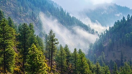 Wall Mural -  Forest brimming with green trees under foggy skies Low-lying clouds in the background