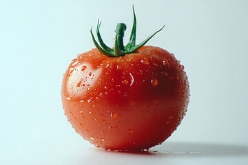 Fresh Red Tomato with Water Droplets on White Background