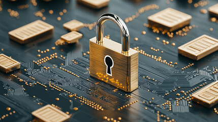 digital padlock symbolizes security on circuit board, representing online banking and data protection. This conveys sense of safety and trust in digital transactions