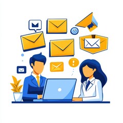 Two professionals collaborating with emails and messages, focused on communication and teamwork in the modern workplace.