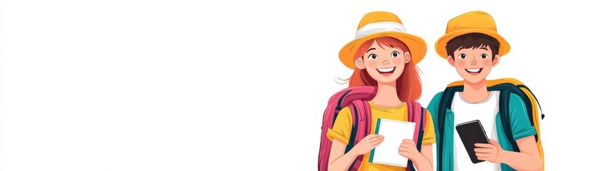 Two cheerful travelers with backpacks and hats, holding maps and smartphones, ready for adventure and exploration.