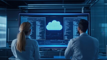 Two scientists analyze data on a large screen, featuring a cloud icon and programming code, signifying data technology advancements.