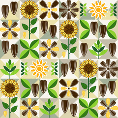 Sunflower seamless pattern with icons, abstract geometric shapes. Flowers, black striped seeds, leaves on light colored mosaic background. Simple flat style. For branding, food packaging, prints