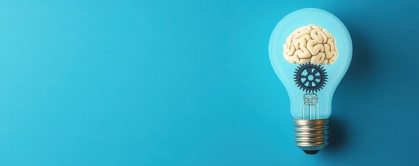 Wall Mural - creative light bulb concept with a brain, representing ideas, innovation, and inspiration on a blue 