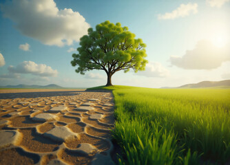 Lonely tree growing between dry and green grass showing climate change