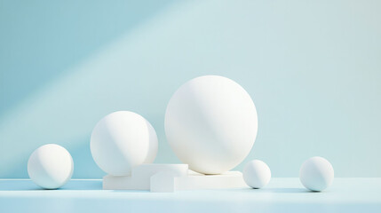 Poster - Minimalist design featuring spherical shapes in serene blue setting, creating calming and modern aesthetic. arrangement of white spheres adds depth and interest to composition