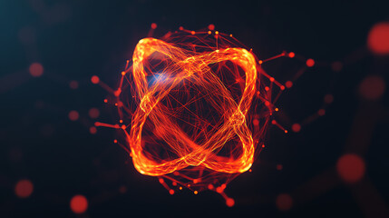 Abstract glowing atom structure with dynamic red lines and particles against a dark background, representing energy and innovation in technology.