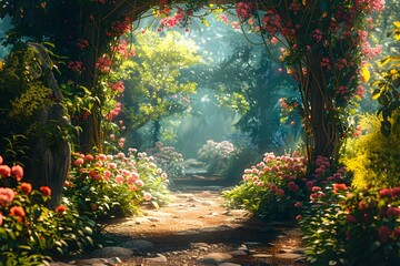 Wall Mural - Enchanted Garden Pathway Surrounded by Lush Flowers and Sunlight