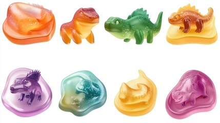 Wall Mural - A colorful PNG 3D jelly gummy shape element set featuring a collection of gummy dinosaurs and sea creatures, perfect for children's themes on a white background.