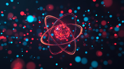 Colorful atomic structure illustration with particles on a dark background, representing the fundamental building blocks of matter in a modern design.