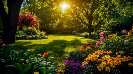 Beautifully maintained garden featuring bright, colorful flowers and lush greenery.