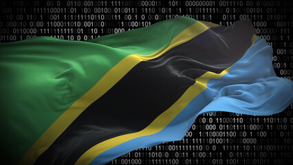 Binary code on flag of Tanzania. Program source code or Hacker concept on Tanzanian flag. Tanzania digital technology security, hacking or programming