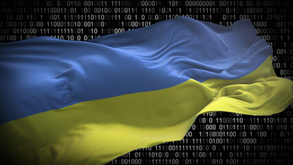 Binary code on flag of Ukraine. Program source code or Hacker concept on Ukrainian flag. Ukraine digital technology security, hacking or programming