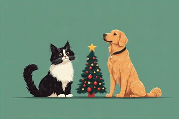 Adorable cat and dog sitting together in festive Christmas setting with gifts and decorations, joyful holiday atmosphere new beautiful stock image illustration AI