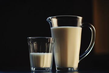 Canvas Print - A still life image showing a pitcher of milk and a glass of milk placed together