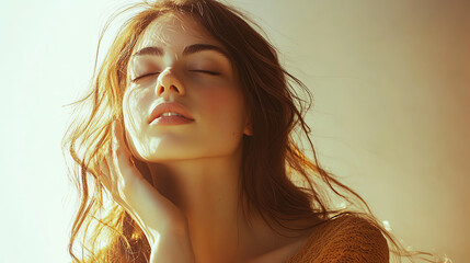 A beautiful woman with radiant skin and flowing hair, softly touching her neck, showcasing her natural glow against a light background