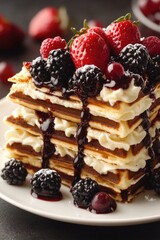 Wall Mural - Stacked pancakes served with fresh berries and syrup for breakfast or brunch