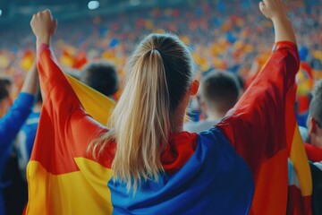 Poster - People gathered in a stadium waving flags, great for sports or celebration events