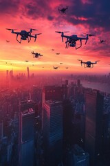 Poster - Group of drones flying in formation over a city skyline at sunset, with sun's rays casting long shadows