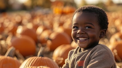 Sticker - A happy child smiling in a colorful pumpkin patch