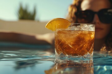 Sticker - A woman sits by the pool with a refreshing drink, enjoying her leisure time