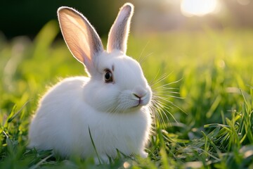 Adorable white rabbit sitting on grass in sunlight