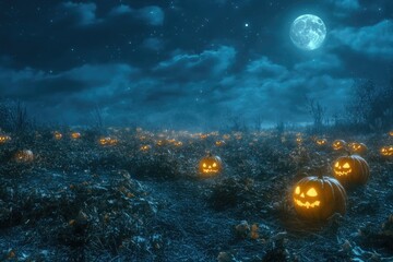 Wall Mural - A field filled with pumpkins under a full moon