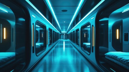 Poster - Long hospital hallway with rows of patient beds and medical equipment