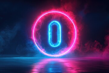 Canvas Print - A bright neon circle with the digit 0 inside, useful for futuristic or technology-themed designs