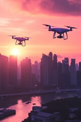 Poster - Aerial view of drones soaring above city buildings and streets