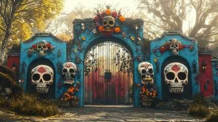 Poster - A dark ornate gate adorned with skulls and flowers, perfect for use in Halloween or horror-themed designs