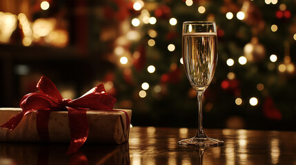 glasses of champagne on christmas background