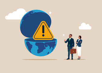 Business people open globe to see incident with exclamation attention sign. Online Information Hacking. Solving problem, identify risk or critical failure concept. Flat vector Illustration.