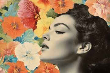 Poster - A simple yet elegant image featuring a woman standing against a beautiful floral backdrop